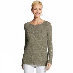 Chicos Womens Sequin Shine Claire Pullover Sweater Size 1 (M) Knit Fatigue Green